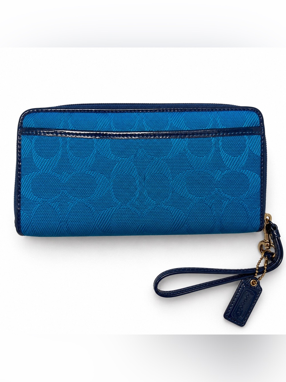 Coach Signature Canvas Zip Around Wristlet Wallet Blue Navy Zip Clutch
